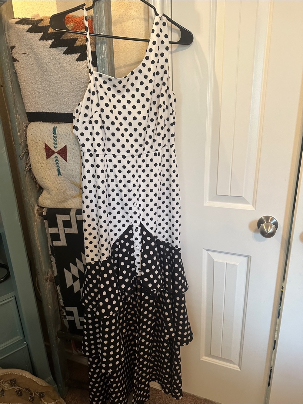 Black and White Polka Dot One-Shoulder high low  Maxi Dress